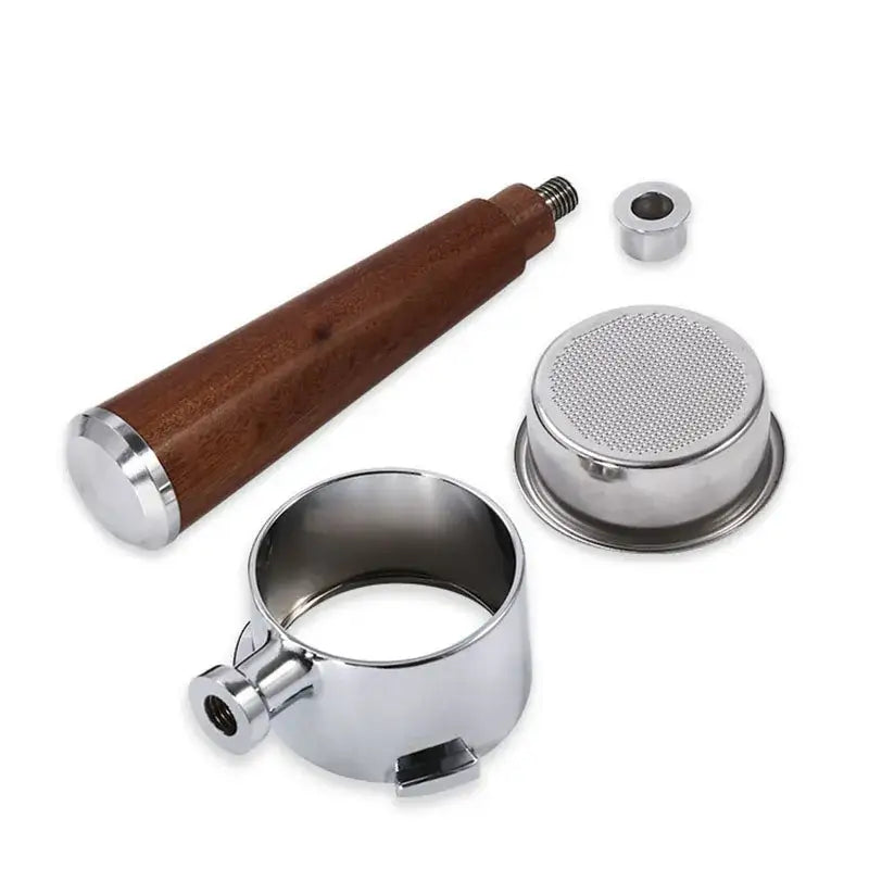 Wooden and black bottomless portafilter handle with stainless steel accents and matching decorbites bottomless portafilter basket