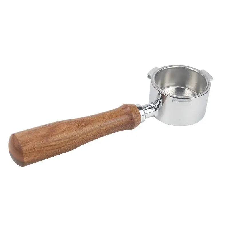A polished stainless steel bottomless portafilter with a smooth light brown wooden decorbites bottomless portafilter handle