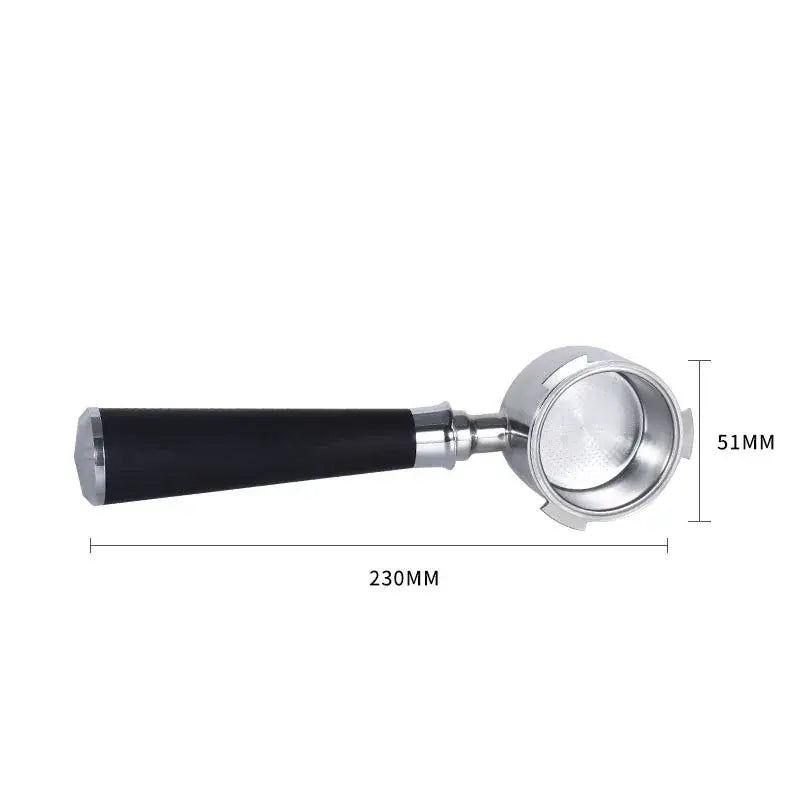 Black-handled stainless steel bottomless portafilter handle with polished finish and measurement markings for decorbites use