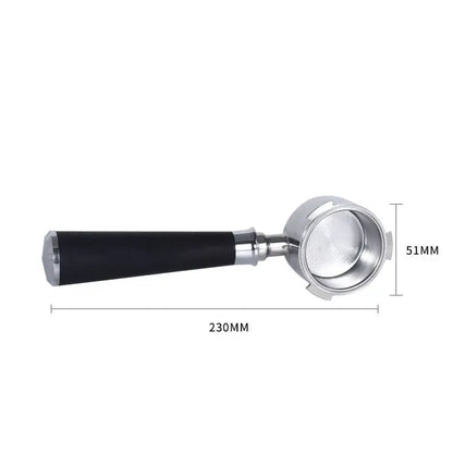Black-handled stainless steel bottomless portafilter handle with polished finish and measurement markings for decorbites use