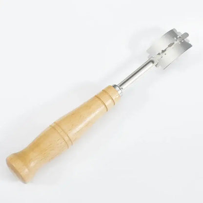 Wooden bread lame cutter with leather cover featuring wooden handle and metallic multi-bladed shaft for baking use
