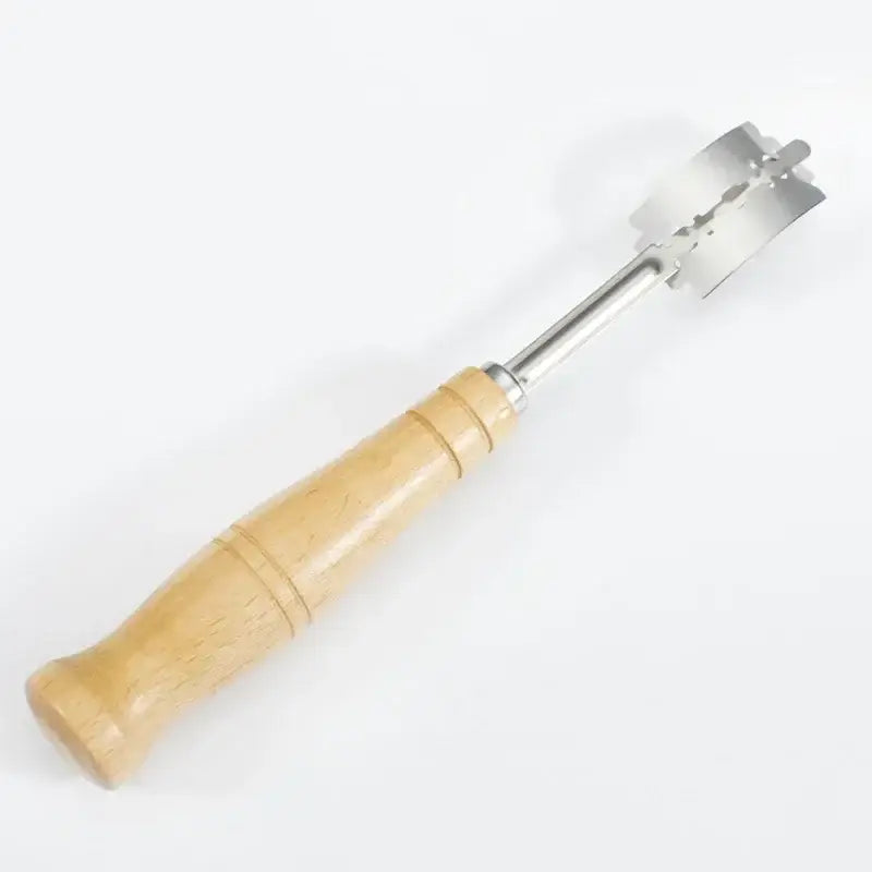 Wooden bread lame cutter with leather cover featuring wooden handle and metallic multi-bladed shaft for baking use