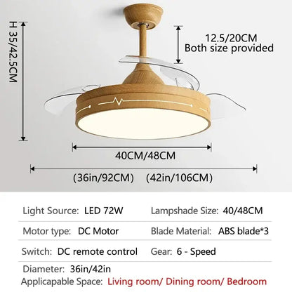 Wooden ceiling fan with clear acrylic blades and circular lampshade featuring decorbites dc motor for living room use