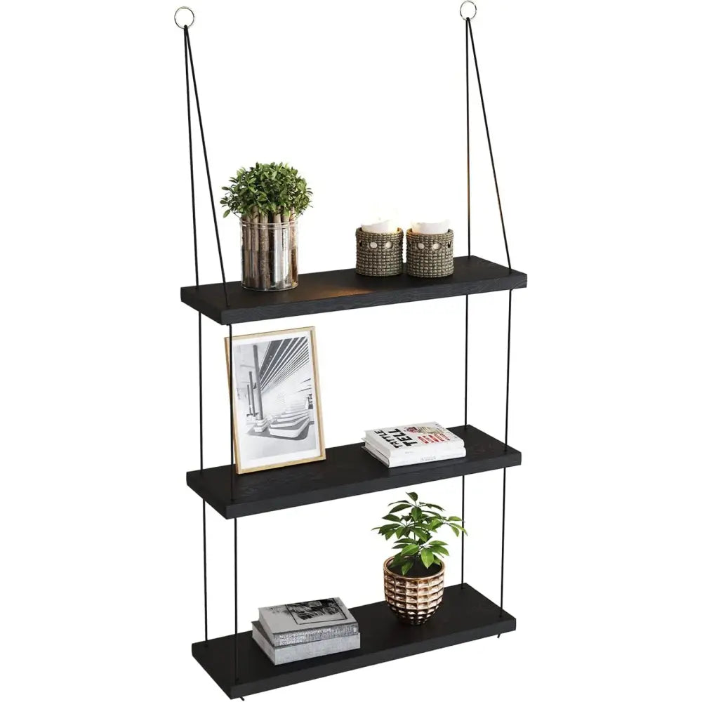Decorbites™ 3-tier black wood floating shelf with minimalist design suspended by cords for boho decor