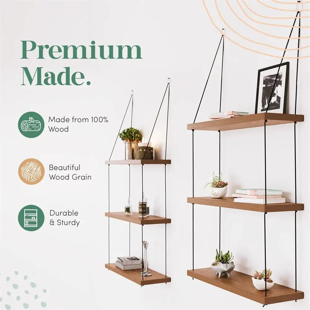 Decorbites™ 3-tier brown wood floating shelf with black cords for boho decor hanging storage solution