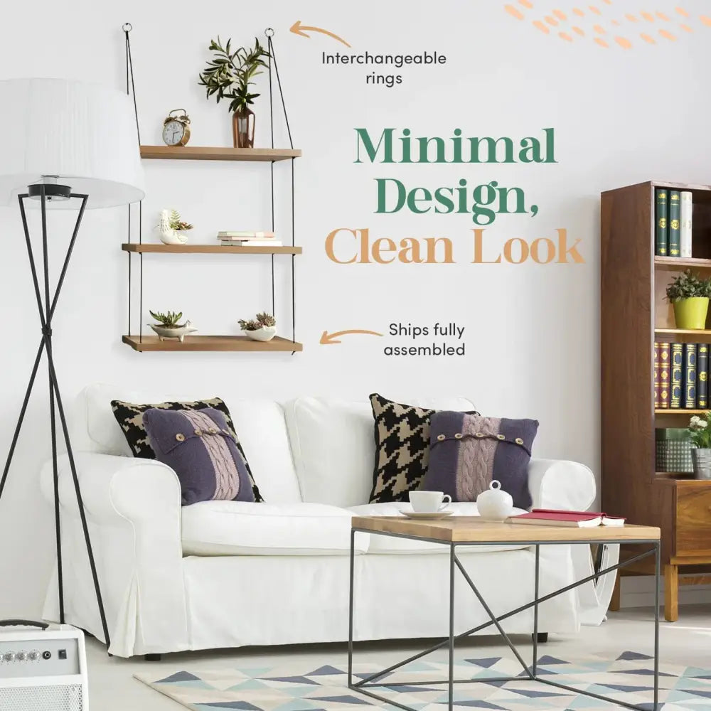 DecorBites™ 3-tier wood floating shelf with black metal brackets designed for boho decor and stylish storage