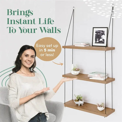 Decorbites 3-tier wood floating shelf with light wood tiers and black hanging cords for boho decor