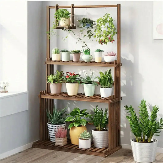 Decorbites 3-tier wooden hanging plant stand with brown wood plant multi-tiered slatted shelves holding potted plants