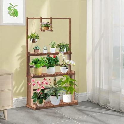 Decorbites™ 3-tier brown wood plant stand with multiple shelves and hanging space holding potted plants