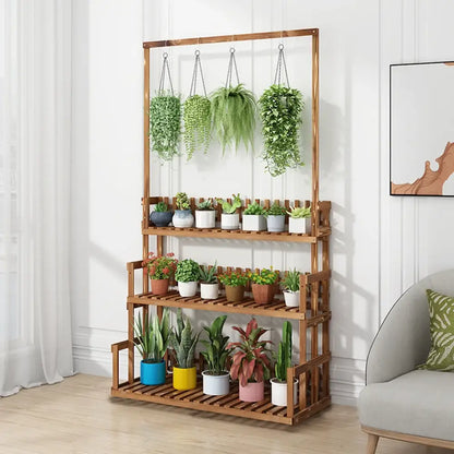 Decorbites™ 3-tier wood plant stand with hanging greenery and colorful pots for stylish indoor plant display