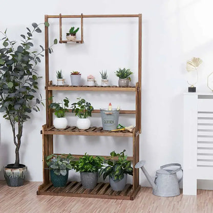 Decorbites™ 3-tier wood plant stand with rustic wooden shelves holding various potted plants in ceramic and metal pots