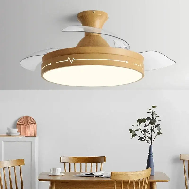 Wooden heartbeat ceiling fan with remote control features clear acrylic blades and decorbites dc motor bedroom light