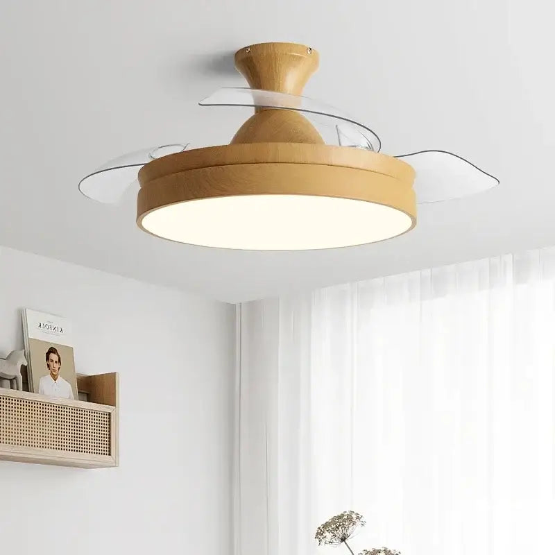 A modern wooden heartbeat ceiling fan with remote control features warm wood finish and clear glass blades for bedroom decor