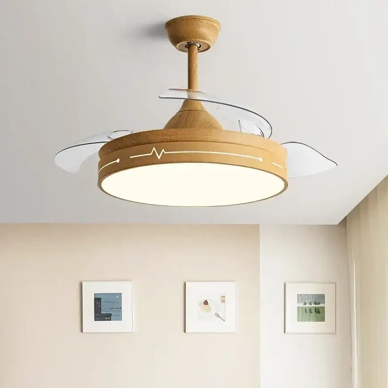 A modern wooden heartbeat ceiling fan with remote control featuring clear glass blades and decorbites dc motor lighting