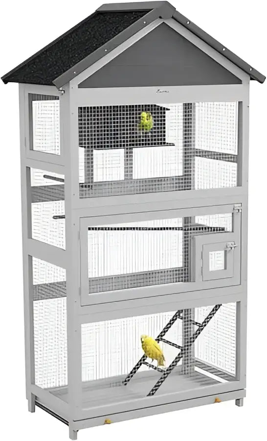 Gray wooden outdoor bird aviary with black roof and wire mesh panels featuring a yellow parakeet perch