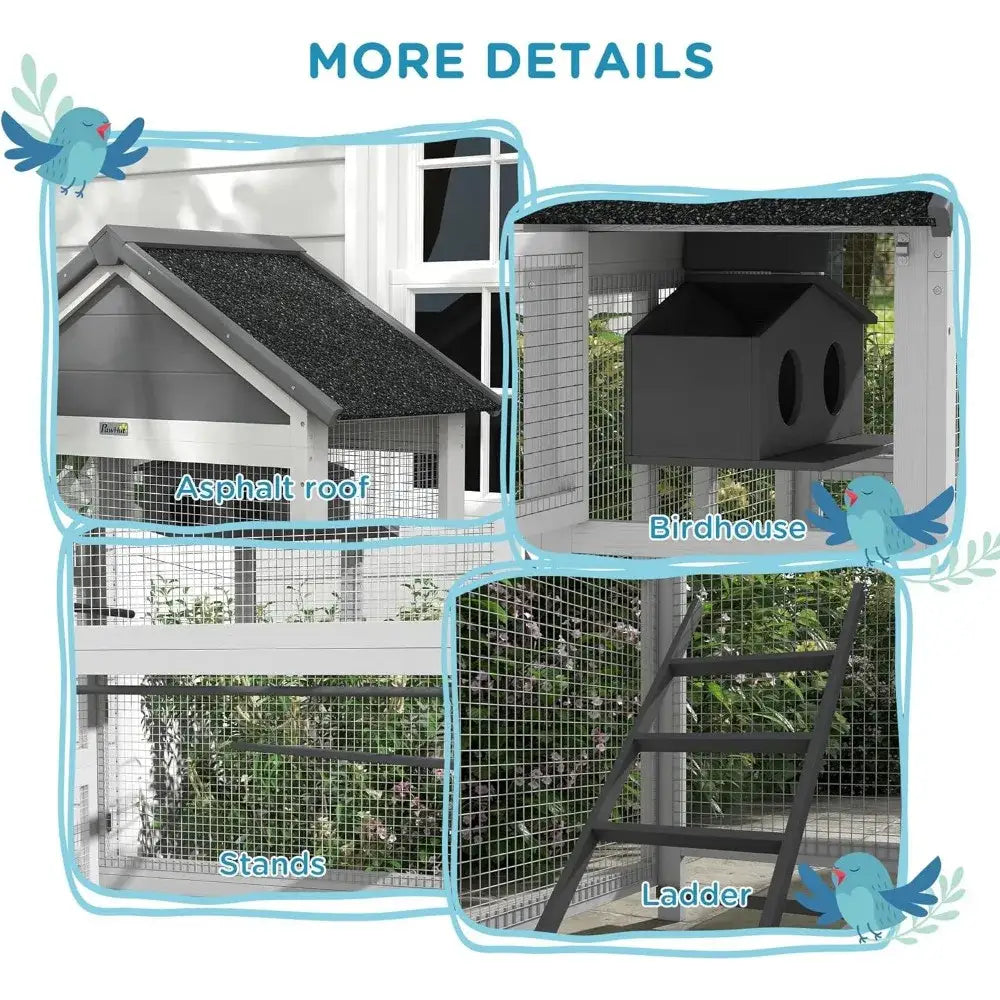 Gray metal outdoor bird cage with black asphalt roof and attached birdhouse for finches in decorbites aviary