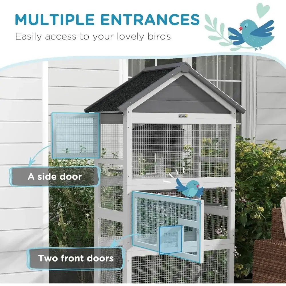 DecorBites 67 wooden outdoor bird aviary in white and gray with black roof featuring multiple entrances