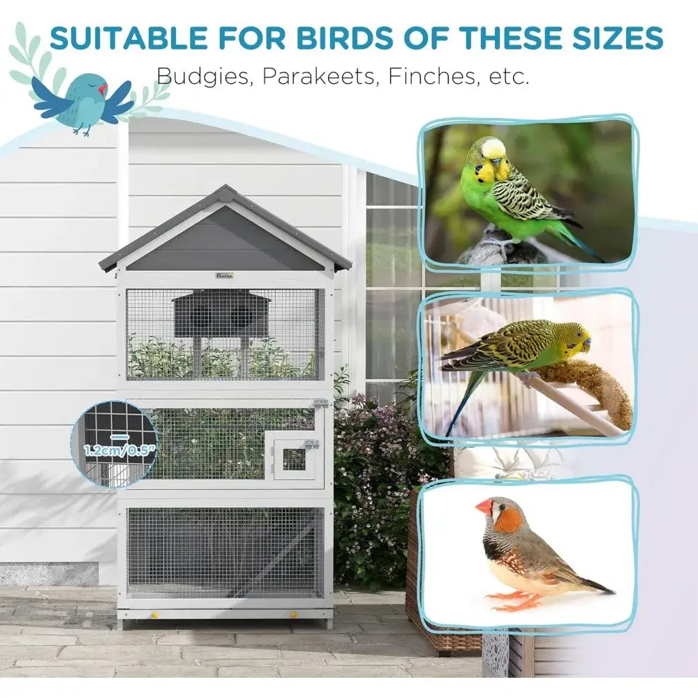White and gray two-tier wooden outdoor bird aviary with mesh sides and small door for finches and parakeets