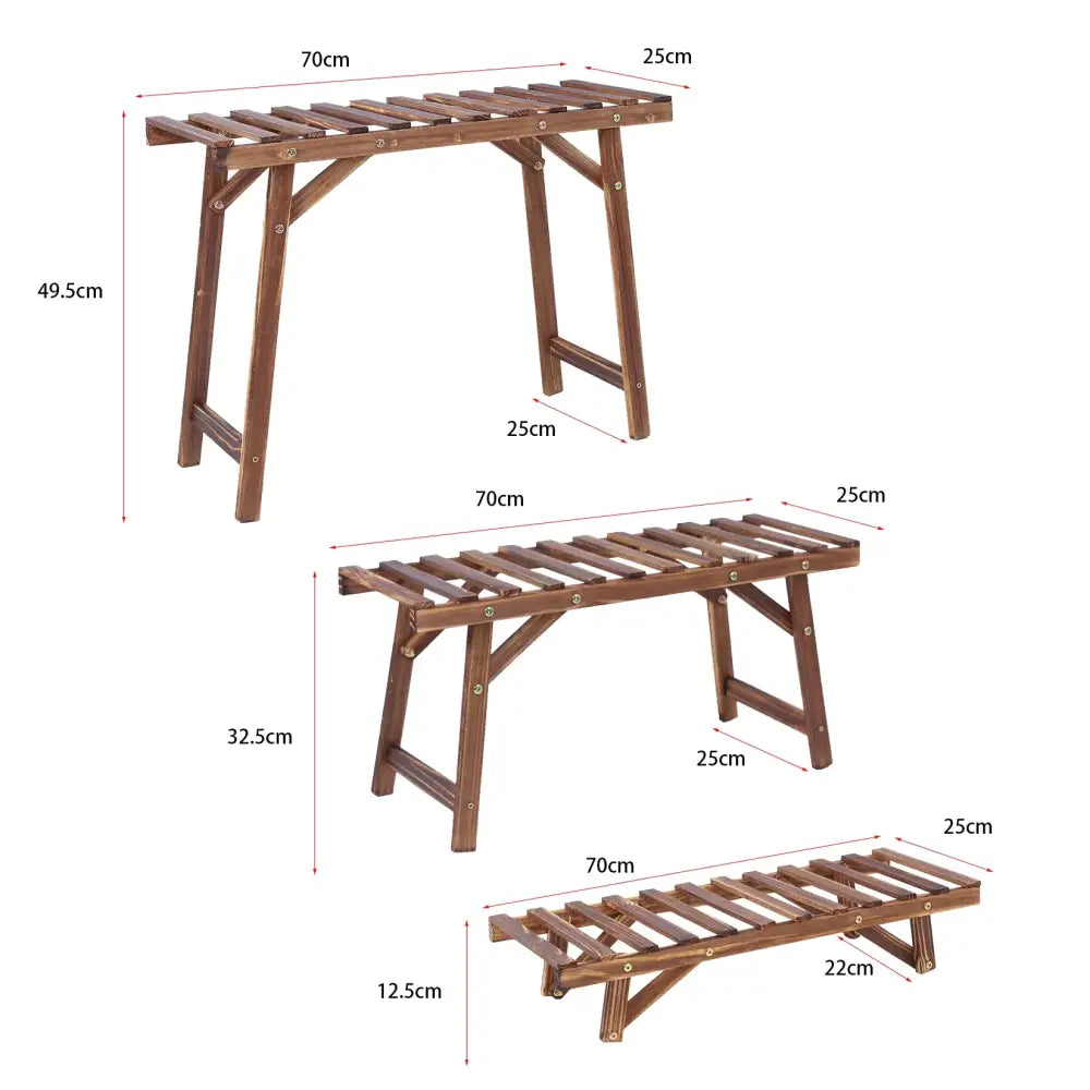 Brown wooden garden bench with slatted top and foldable legs suitable as a sturdy tier wooden plant stand with max load capacity