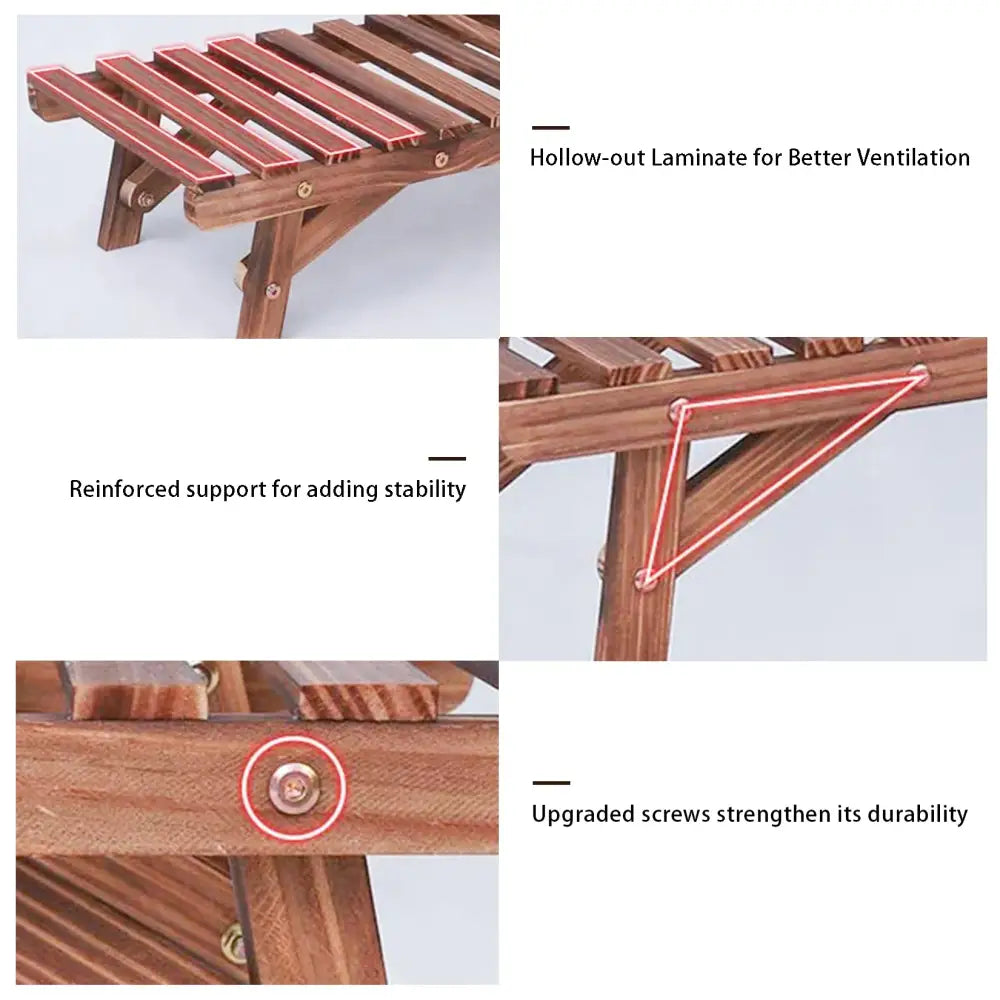 Brown wooden folding garden stool with slatted seat and reinforced triangular legs for max load plant stand use