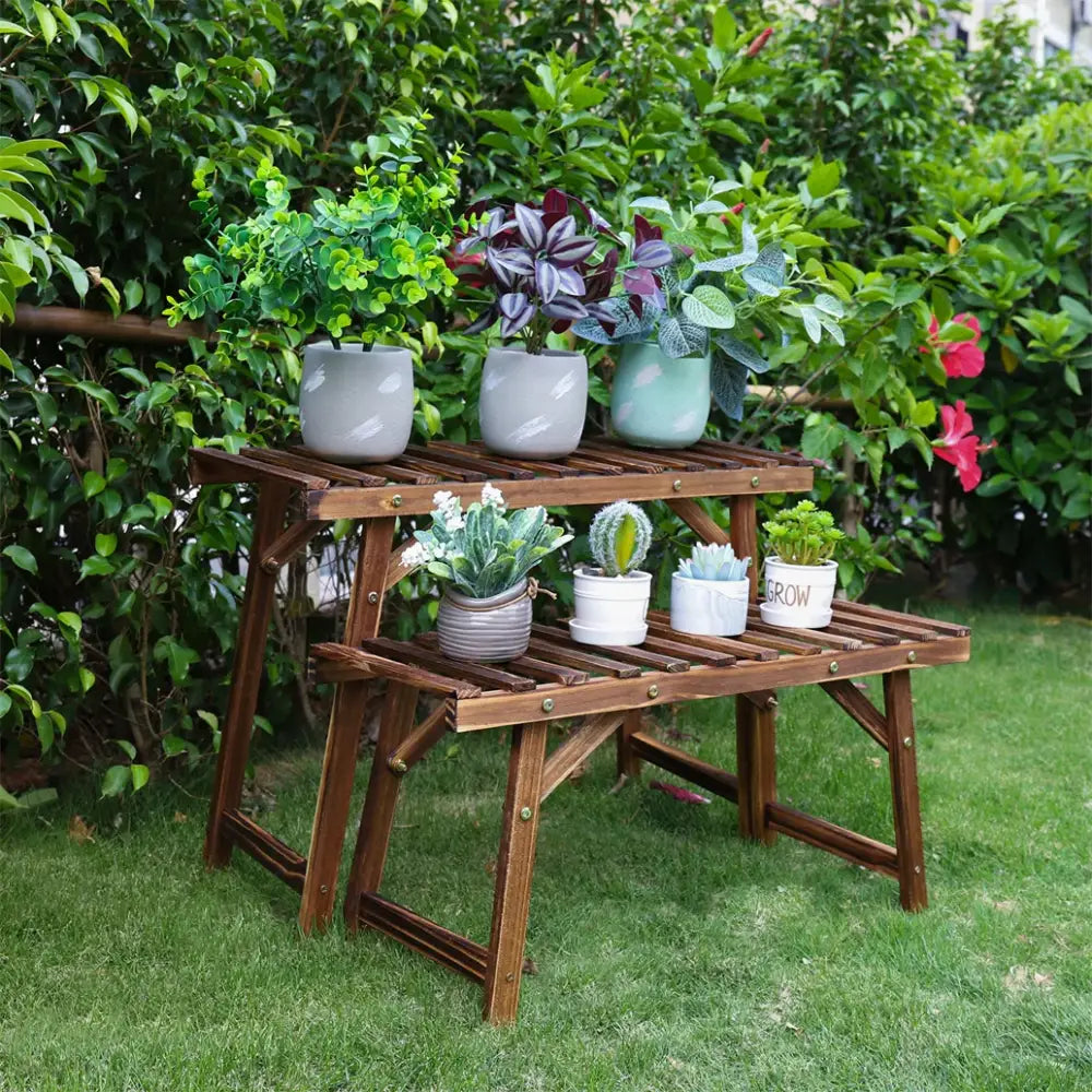Decorbites™ brown wooden two-tier plant stand with slatted shelves and metal fasteners for max load support