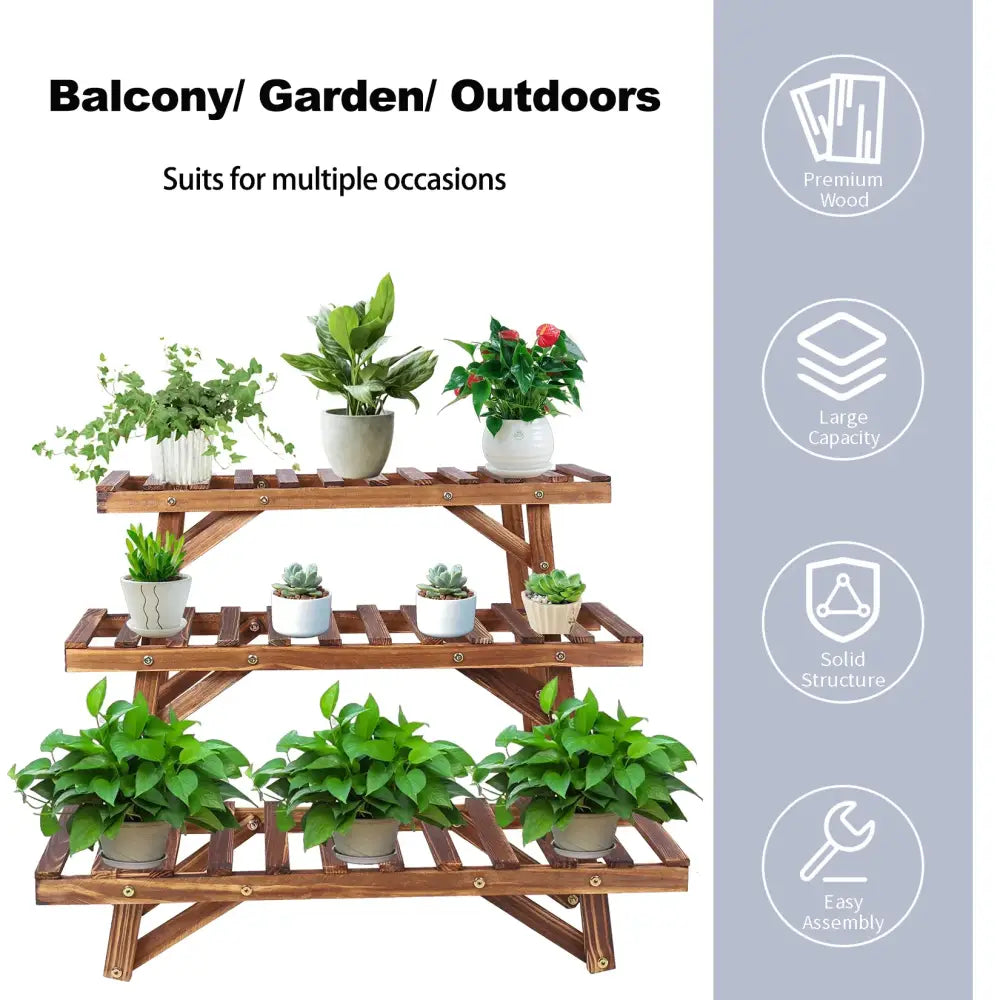 Decorbites™ 3 tier wooden plant stand with slatted shelves and sturdy a-frame legs supports max load efficiently