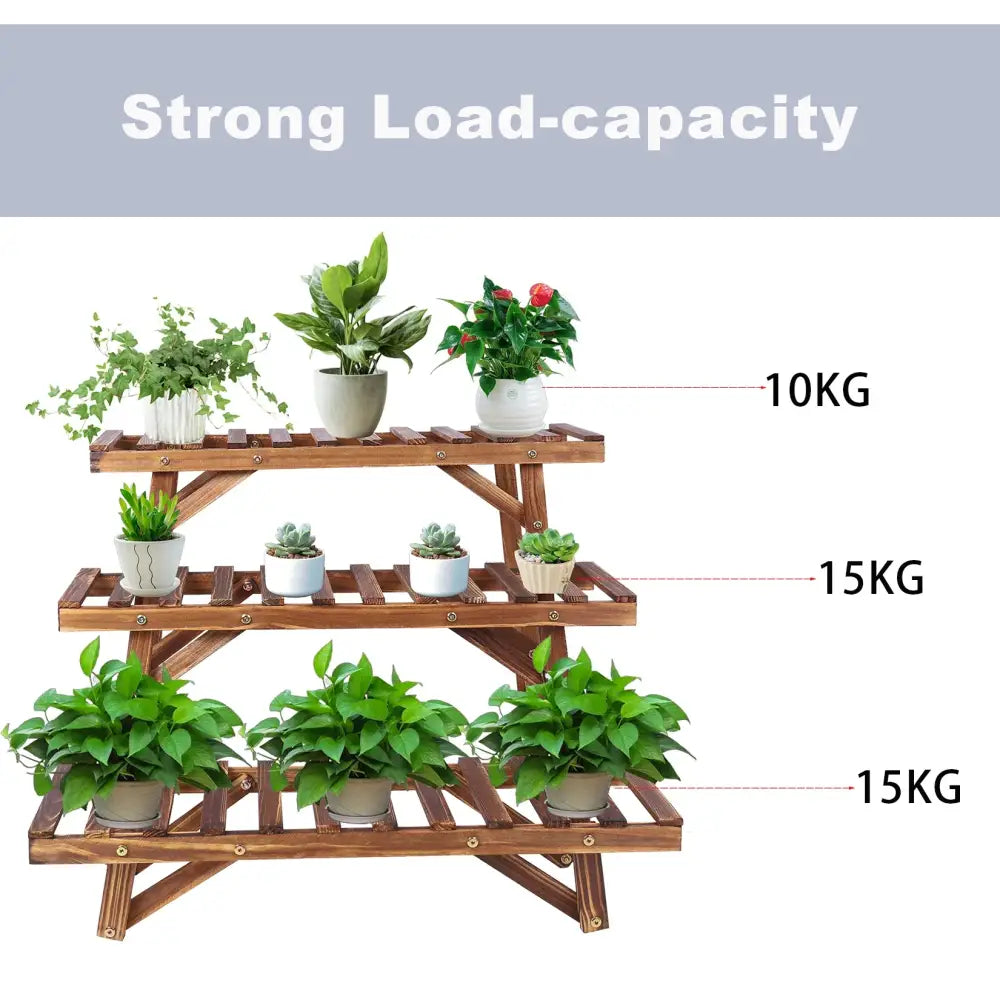 DecorBites 3 tier wooden plant stand with slatted shelves and angled legs for sturdy support and max load capacity