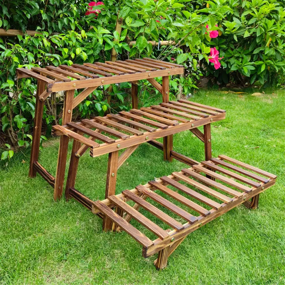 Decorbites™ 3 tier wooden plant stand shelf with slatted shelves, warm brown finish, and max load sturdy legs