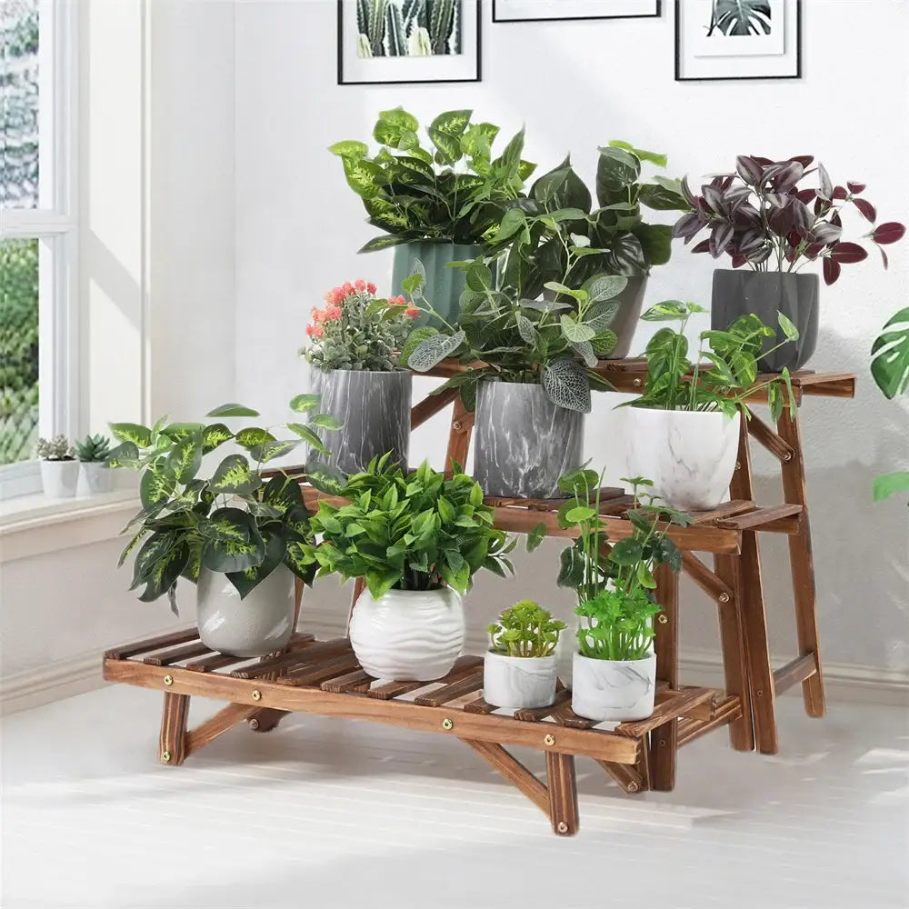 Decorbites™ 3 tier wooden plant stand shelf with gold-toned hardware holding decorative ceramic pots with plants