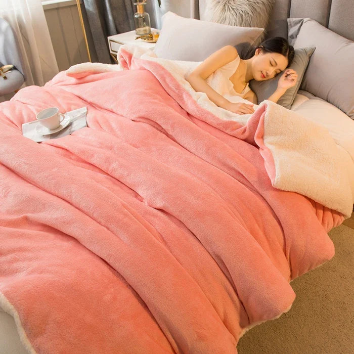 A coral-colored wool throw blanket with soft fleece texture and cream lining for winter bed and camping use