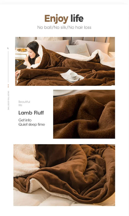 Brown lamb wool throw blanket with soft plush texture and white inner lining for winter bed and camping use