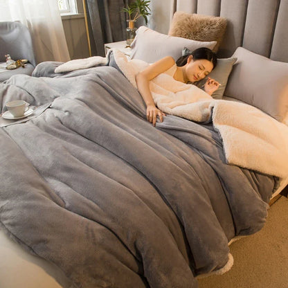 Soft gray and cream two-tone wool throw blanket with plush quilted fleece texture for winter bed and camping use