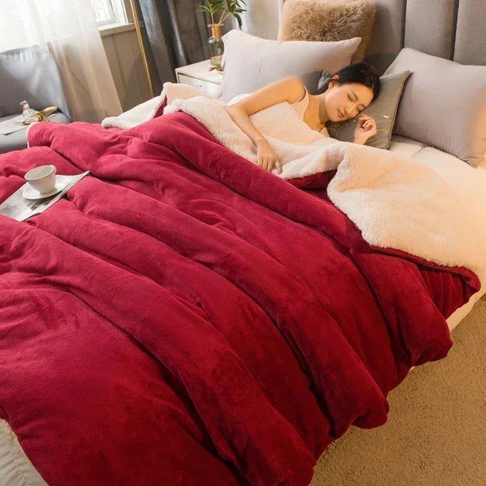A plush, deep red fleece blanket with a soft white sherpa lining.