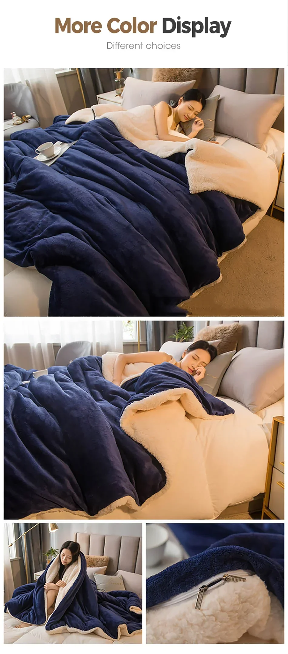 Deep navy blue and cream double sided wool throw blanket with soft fleece texture for winter bed and camping use