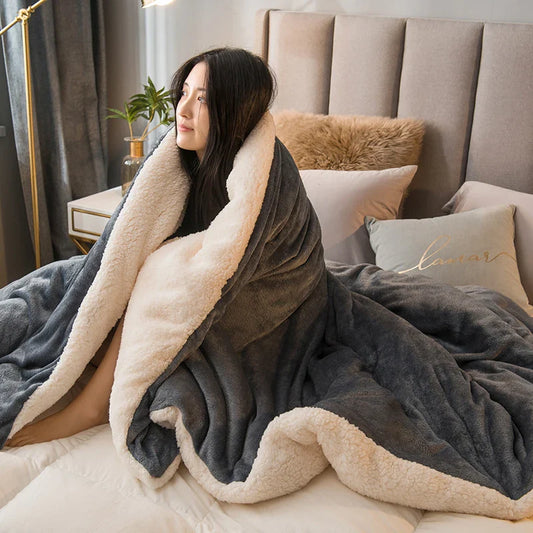 A cozy plush gray and cream wool throw blanket with soft fleece texture and fluffy lining for winter bed use