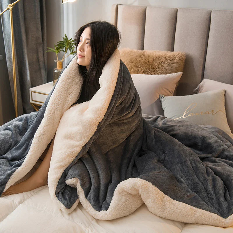 A cozy plush gray and cream wool throw blanket with soft fleece texture and fluffy lining for winter bed use