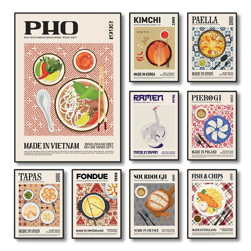 Set of nine vintage-style food posters featuring world cuisine canvas paintings including pho kimchi paella and more by decorbites