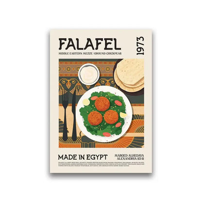 A vintage-style world cuisine canvas painting of falafel balls with lettuce and tomatoes for wall art decor