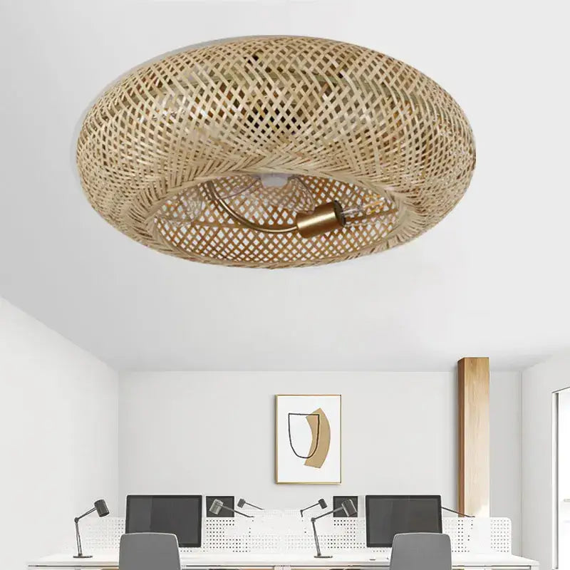 Woven bamboo ceiling fan with retractable blades features a circular lattice design and brass bulb holder decorbites bamboo ceiling fan
