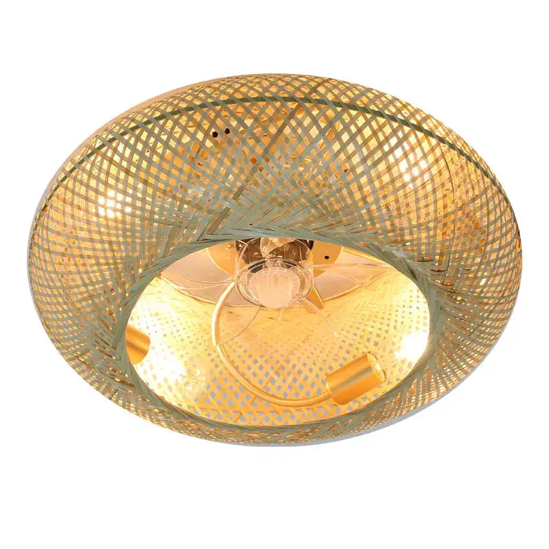 Woven bamboo ceiling fan with retractable blades and warm golden glow featuring intricate lattice decorbites bamboo ceiling design