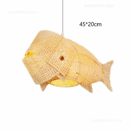 Beige woven bamboo fish art pendant light with textured lattice design and amber glass eyes for kitchen decorbites pendant lights