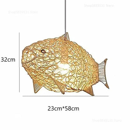 Golden woven bamboo fish art pendant light with textured wireframe and internal lighting for kitchen or living room decorbites pendant lights