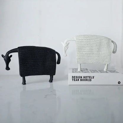 Woven black and white resin sculpture figurine with basket-weave texture for living room decorbites black cow style