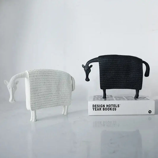 Woven black and white resin sculpture figurine of sheep with textured basket-weave pattern for living room decorbites black cow