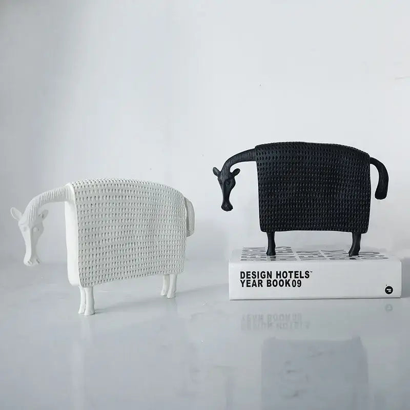 Woven black and white resin sculpture figurine of sheep with textured basket-weave pattern for living room decorbites black cow
