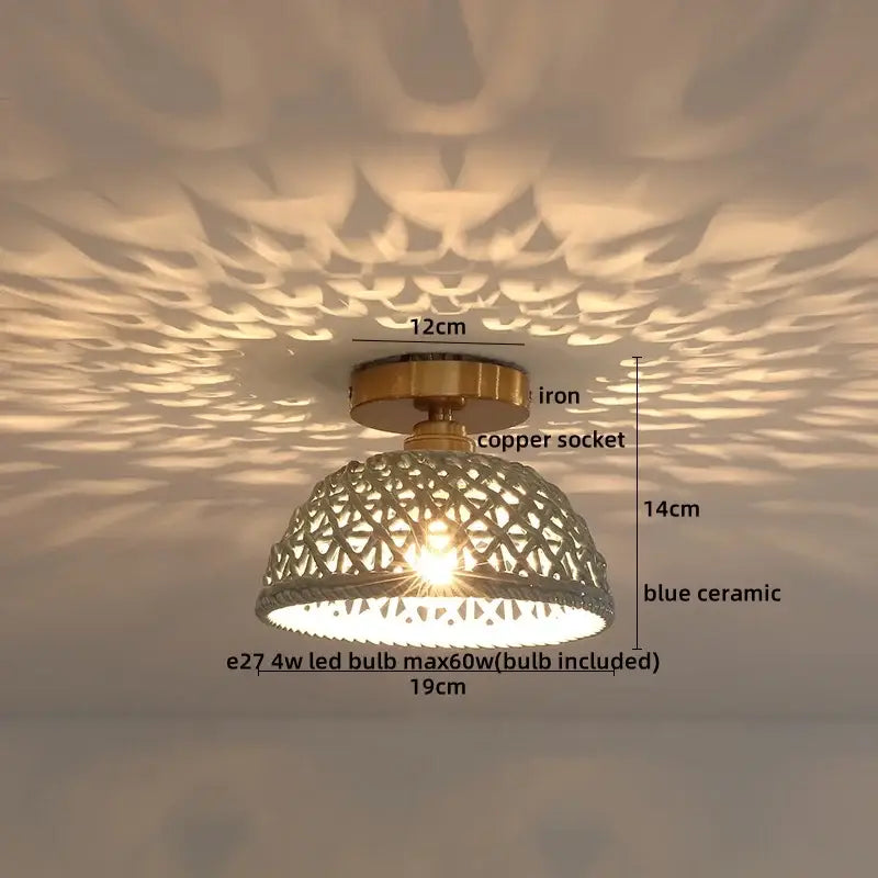 Woven ceramic led ceiling lamp with blue lattice ceramic shade brass iron base and copper socket for bedroom decorbites ceramic led