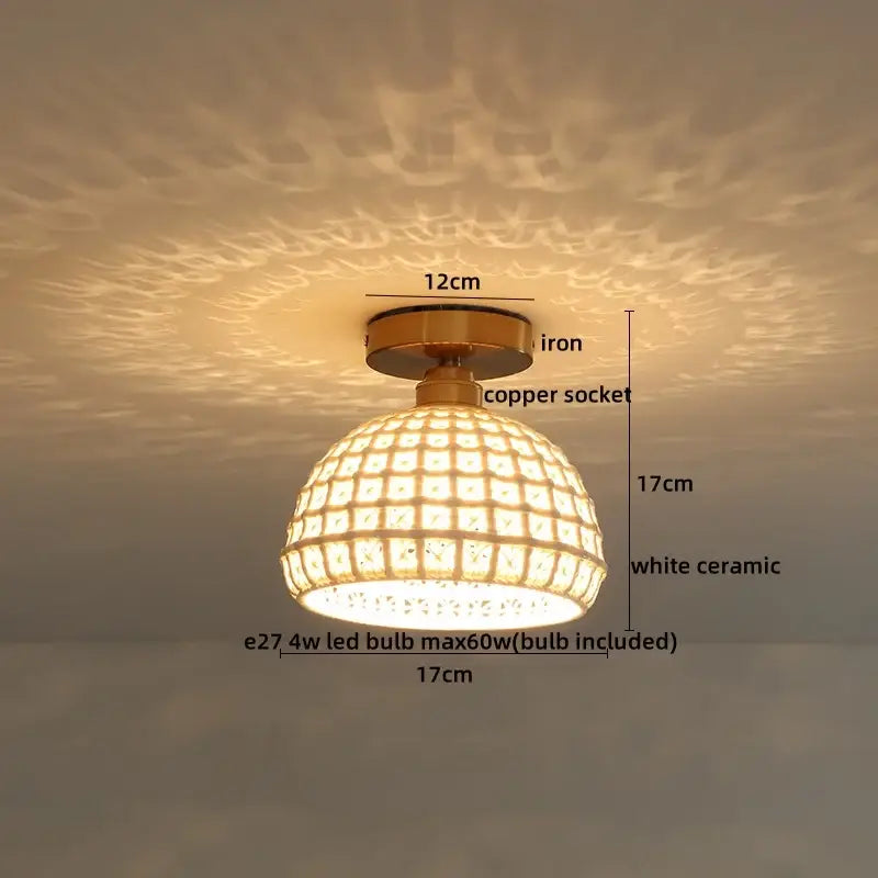 Gold-toned decorbites ceramic led ceiling lamp with white ceramic dome and brass lattice crystal design for bedroom decor