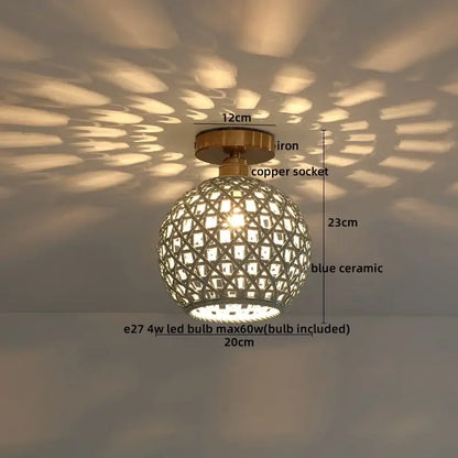 Woven ceramic led ceiling lamp in blue with copper socket and iron lattice casting geometric shadows by decorbites ceramic led