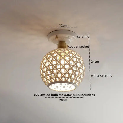 Spherical woven bamboo ceramic led ceiling lamp with white ceramic base and copper socket for bedroom decorbites ceramic led
