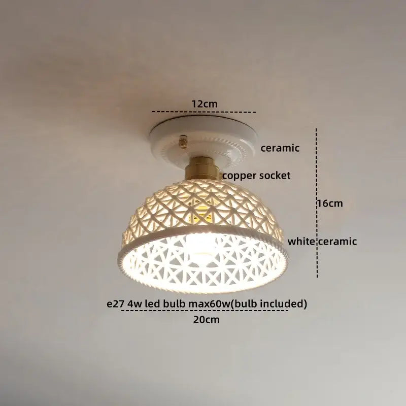Woven ceramic led ceiling lamp with white geometric lattice design and copper socket for decorbites ceramic led decor